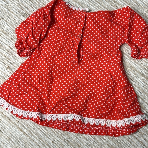 0-3m Vintage baby girl polka dot white&red long sleeve dress with lace trim - Picture 5 of 8